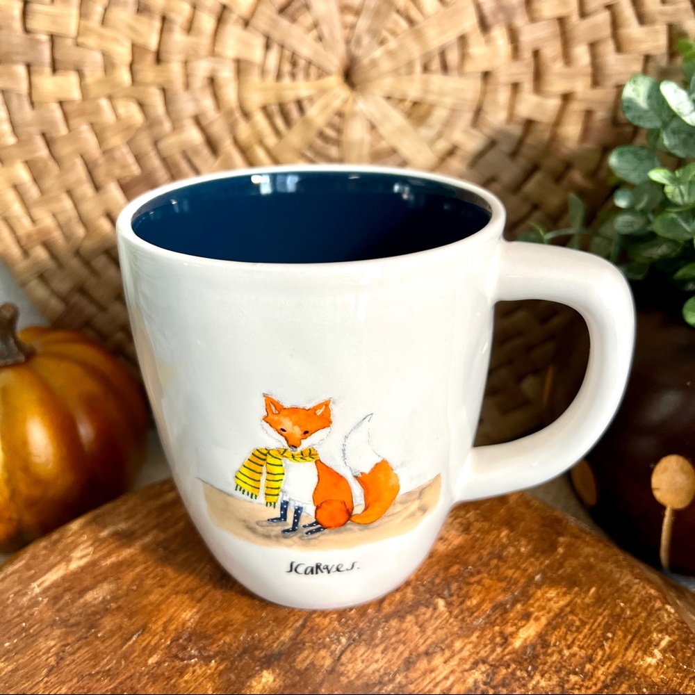 Rae Dunn Fox Fall Scarves Ceramic Mug With Navy Interior